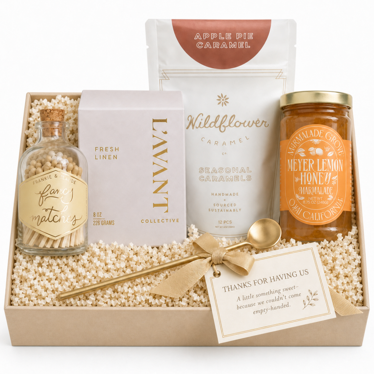 Dinner Is On Us |Entertaining Hostess Gift Box Curated hostess gift box with luxury candle, fancy matches, gourmet caramels, Meyer lemon honey preserve and an elegant gold spoon.