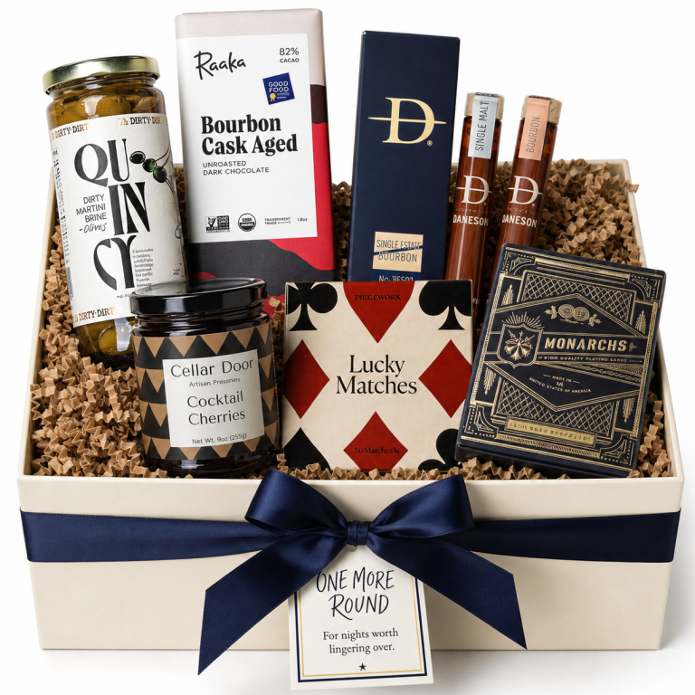 One More Round | After Hours Gift Box Gift Box with Martini Olives, Bourbon Chocolate bar, Cocktail Cherries, Luxury flavored Toothpicks, gold embossed playing cards, & Matches