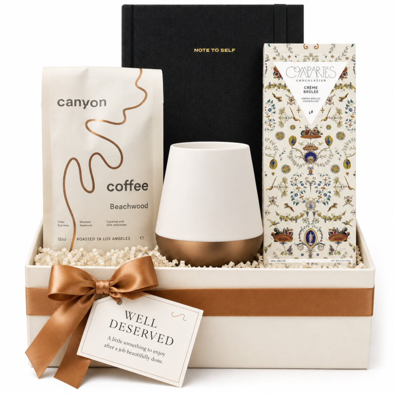 Well Deserved | Promotion, New Job, Well Earned Gift Box Custom curated gifts box with canyon coffee, linen notebook, elegant mug from Fellow and a luxury chocolate bar from Compartes