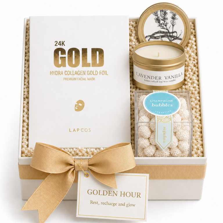 Golden Hour | Rest, Recharge, and Glow Curated Gift Box Curated Gift box with 24K Gold Hydra Collagen Gold Foil Premium Facial Mask, Sugarfina Champagne Candies & Lavender Vanilla Gold Tin Candle