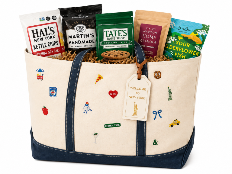 Hotel Welcome Bag filled with local NY items, Hals chips, Martins pretzels, Tates cookies, Eleven Madison Granola, BonBon NY Swedish Candy