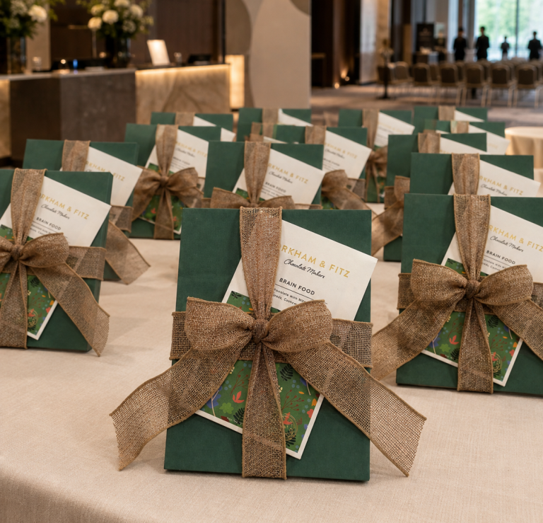 Let's Meet | Custom Conference and Events Gift Gift items of notebook and Brain food Chocolate bar tied together with ribbon.