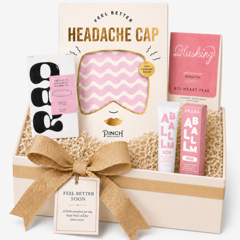 Feel Better Soon | Thoughtful Get Well Gift Box Curated gift box assortment with a Headache cap, Lavender Soap, Rose lip & Body Cream, and Blushing Tea Bags