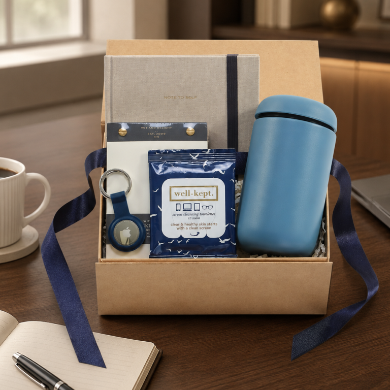 Desk Refresh | Corporate Gift Box Curated gift box with linen notebook, gold detailed notepad, screen cleaning wipes, and travel mug
