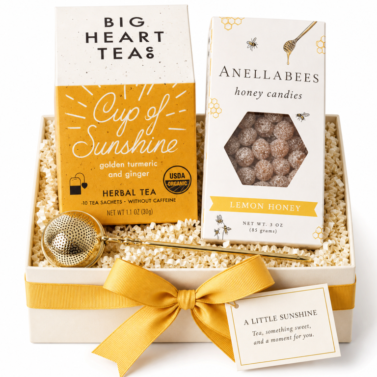 A Little Sunshine | Time Out Gift Box Gift Box filled with Cup Of Sunshine tea Bags, Lemon Honey Candies and a Gold Spoon Tea Strainer