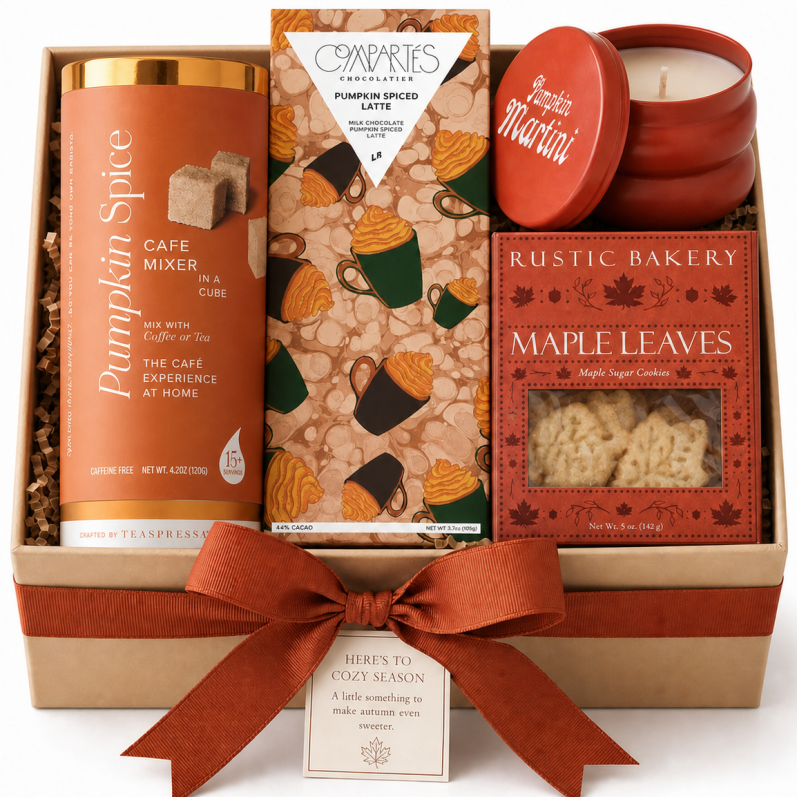 Cozy Season | Fall Themed Flavored Gift Box Maple Leaves Cookies, Pumpkin Martini Candle, Artisan Pumpkin Spiced Latte Chocolate Bar, & Luxury & Unique Pumpkin Spice Cafe Mixer Cubes