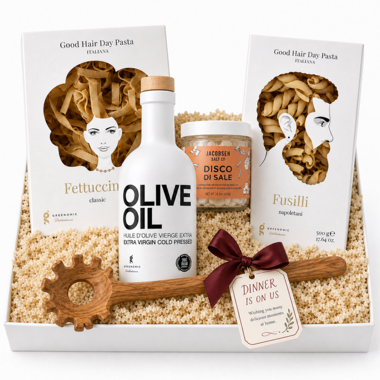 Dinner Is On Us | Entertaining Hostess Gift Box Clever packaging from Good Hair Pasta for Men & Women, Extra Virgin Cold pressed Olive Oil, Disco Di Sale Pasta Water Salts and wooden spoon