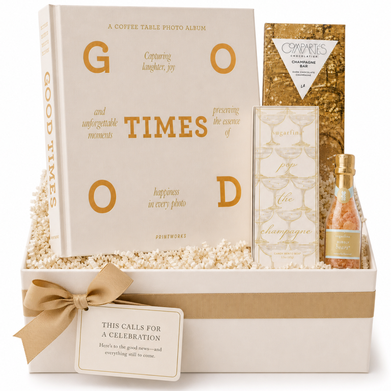 Good Times | Celebratory Gift Box Gift Box curated with Good Times Coffee Table Photo Album, luxury Champagne Chocolate Bar, and Sugarfina Candies