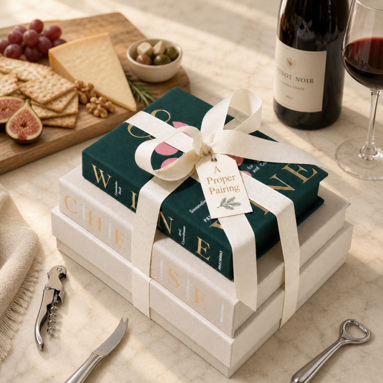 Gift box with a Wine and Cheese theme including books with essential tools for wine and cheese inside linen wrapped keepsake books.