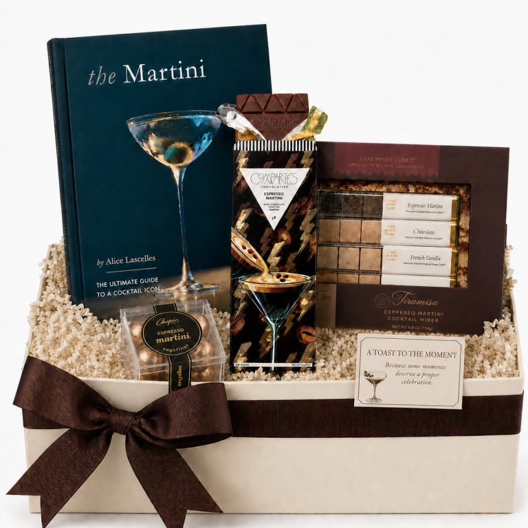 Tini Time | Martini Themed Gift Box Curated gift box with The Martini Coffee Table Book, Espresso Martini Chocolate bar, Espresso Martini Candies, & martini Sugar Cube Combo