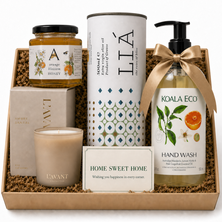Home Sweet Home | Hostess New Home Essentials Gift Box Gift Box curated with artisan Honey, Luxury candle from L'avant, stylish tube of Olive Oil and Mandarin, Orange, Pink Grapefruit Hand Wash