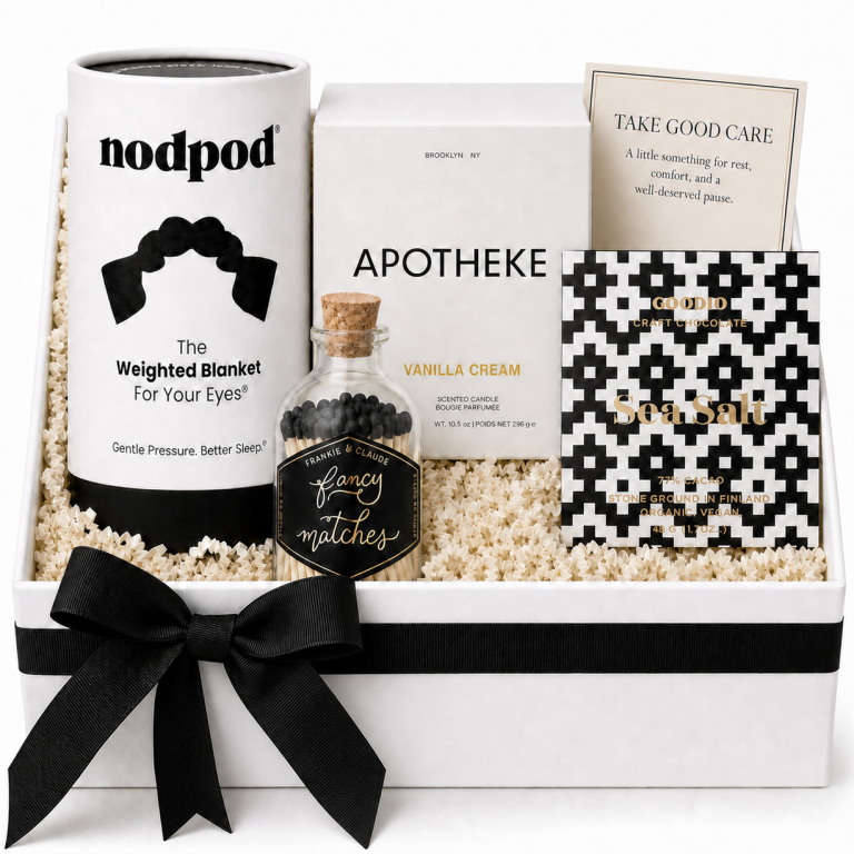 Take Good Care | Self Care Gift Box Curated Relaxation Gift box with Nodpod weighted eye mask, luxury vanilla cream candle, artisan sea salt chocolate bar and fancy matches