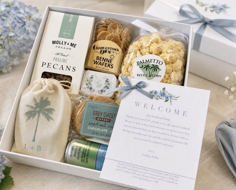 Welcome to Charleston gift box with local pecans, benne wafers, palmetto popcorn, grey ghost cookies branded rescue kit, & custom note card
