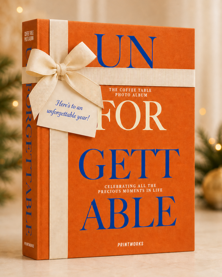 Unforgettable | Employee Recognition Gift Box Linen Coffee Table Photo Book Album with Unforgettable across the cover.